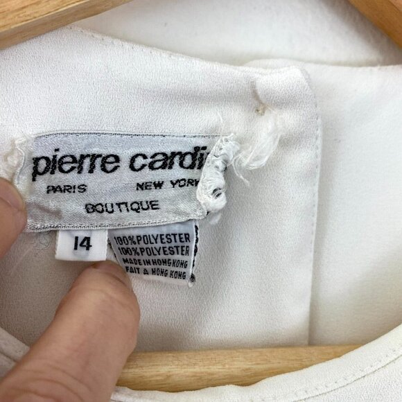 Vintage Pierre Cardin Bib Collar Maxi Dress Womens Sz 14 White Red Modest Sheer - Picture 3 of 16